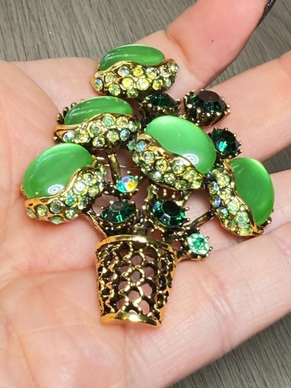 Plant Brooch Green Rhinestone Modern Potted Venus Flytrap Pin Statement 3